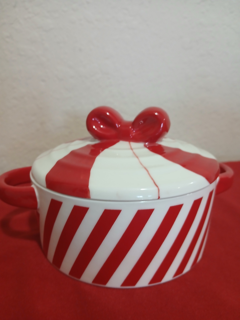 Festive Red & White Striped Covered Casserole Dish